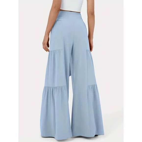 NWT Gorgeous Sz. L High Waisted Blue Tie Front/Back Wide Leg Flowy Tiered Pants - Picture 2 of 12